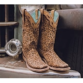 levne Cowboy &amp; Western Boots-dámské kovbojské boty s leopardím vzorem - kožené boty západního stylu po kolena s tyrkysovou podšívkou