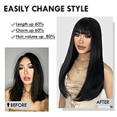 economico Parrucche trendy sintetiche-parrucche nere per donna parrucca lunga diritta con frangia parrucche di capelli neri parrucca sintetica da donna resistente al calore per l&#039;uso quotidiano nelle feste 22 pollici