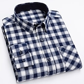 cheap Men&#039;s Non Iron Shirts-Men&#039;s Shirt Dress Shirt Plaid Office &amp; Career Wedding Party Red Navy Blue Blue Orange Long Sleeve Lapel Spring &amp;  Fall Clothing Apparel Front Pocket