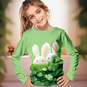 preiswerte Mädchen 3D Tiere-St. Patrick Mädchen 3D Hase Kaninchen Vierblättriges Kleeblatt T-Shirt Hemd Rosa Langarm 3D-Druck Frühling Herbst Aktiv Modisch Kuschelig Polyester kinderkleidung 3-12 Jahre Rundhalsausschnitt