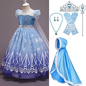 baratos Fantasias para meninas-conjunto com vestido de tule princesa capa com capuz capa elsa coroa luvas varinha colar brincos meninas roupas congeladas vestido de menina flor filme cosplay fantasia cosplay festa de carnaval dia