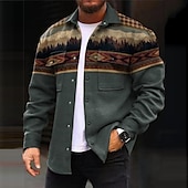 cheap Men&#039;s Shirt Jacket-Men&#039;s Tribal Geometry Ethnic Shirt Shirt Jacket Overshirt Long Sleeve Vintage Casual Tribal Outdoor Street Casual Daily Fall &amp; Winter Turndown Buttons Pocket Print Blue Brown Gray