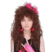 abordables Perruques historiques-perruque synthétique bouclée avec frange perruque fabriquée à la machine longue a1 cheveux synthétiques femme cosplay doux fête marron foncé perruques de carnaval