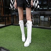 cheap Platform Boots-Women&#039;s Black Platform Lace-Up Knee-High Boots with Chunky Heels and Buckle Detail – Gothic or Punk Style for Fall and Winter