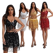 abordables Costumes de danse-Femme Danseur Danse du ventre Danse Spectacle Costume de danse du ventre Robe de boîte de nuit Brille &amp; Scintille Polyester Argent Bleu Clair Noir Haut Jupe
