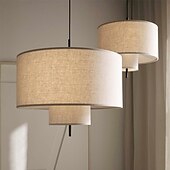 cheap Lantern Design-LED Pendant Light, Contemporary Drum Chandelier 3 Lights Rustic Style Fabric Lampshade Suspension Light Hanging Light Fixture for Kitchen Living Room Bedroom Restaurant
