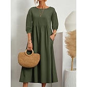 Недорогие Основные искусственные платья-Жен. Платье средней длины Искусственный хлопок и лен Платье прямого кроя Свободное платье Однотонный Классический На каждый день Отпуск Подарок Праздники Свободное облегание Рукав 3/4 Вырез под горло