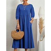 Недорогие Основные искусственные платья-Жен. Платье средней длины Искусственный хлопок и лен Платье прямого кроя Свободное платье Однотонный Классический На каждый день Отпуск Подарок Праздники Свободное облегание Рукав 3/4 Вырез под горло