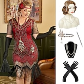 olcso Öltözetek-szett midi flapper ruha ujj hullám paróka fejpánt hosszú opera kesztyű nyaklánc cigarettatartó női ordító 20-as évek 1920-as évek flapper lány koktél maszk ruhák a nagyszerű gatsby jelmez