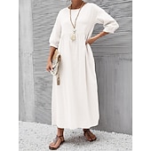 Недорогие Основные искусственные платья-Жен. Платье средней длины Искусственный хлопок и лен Платье прямого кроя Свободное платье Однотонный Классический На каждый день Отпуск Подарок Праздники Свободное облегание Рукав 3/4 Вырез под горло