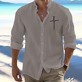 voordelige Vakantie-Voor heren Overhemd Strand hemd Overhemd met knopen Geloof Buiten Vakantie Zwart Wit Oranje Licht Grijs Lange mouw Opstaande boord Lente &amp; Herfst Kleding Afdrukken