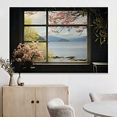 abordables Impresiones de Paisajes-Paisaje pared arte lienzo ventana falsa primavera flores de cerezo impresiones y carteles fotos tela decorativa pintura para sala de estar fotos sin marco