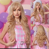 voordelige Synthetische trendy pruiken-zwarte pruik met pony voor vrouwen lang golvend haar pruik zwarte pruik krullend golvend synthetische pruiken voor meisjes dagelijks feestgebruik