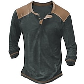 preiswerte Lässiges Henley-T-Shirt-Herren T-Shirt mit Knöpfen T Shirt Henley Hemd Langarmshirt Langarm V Ausschnitt Frühling &amp; Herbst Farbblock Designer Basic Lässig Button-Down Straße Sport Ferien Schwarz Marineblau Khaki Top T-Shirt