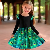 cheap 3D Shining Vision Dress-Girls&#039; 3D Feathers Ruffle Dress Long Sleeve 3D Print Fall Winter Sports &amp; Outdoor Daily Holiday Cute Casual Beautiful Kids 3-12 Years Casual Dress A Line Dress Above Knee Polyester Regular Fit