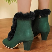 baratos Década de 1920-Botas femininas de salto alto com acabamento em pele e camurça verde vitoriana e zíper lateral - perfeitas para estilo vintage e moda de inverno