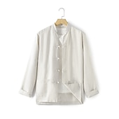 baratos camisas de linho de luxo-100% Linho Bolsos Homens Camisa Social camisa de linho Preto Branco Azul Escuro Manga Longa Tecido Colarinho Clerical Primavera &amp; Outono Ao ar livre Diário Roupa