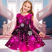abordables Vestido con visión brillante en 3D-Girls &#039; 3D Copo Vestido Vestido de copo de nieve Manga Larga Impresión 3D Otoño Invierno Vacaciones Deporte Diario Estilo lindo Casual Hermosa Niños 4-12 años Vestido informal Vestido de una línea
