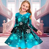 abordables Vestido con visión brillante en 3D-Girls &#039; 3D Copo Vestido Vestido de copo de nieve Manga Larga Impresión 3D Otoño Invierno Vacaciones Deporte Diario Estilo lindo Casual Hermosa Niños 4-12 años Vestido informal Vestido de una línea