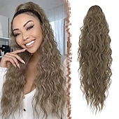voordelige Paardenstaarten-lang krullend golvend trekkoord paardenstaart extensions clip in golvend synthetische haarstukken trekkoord paardenstaarten haarstuk paardenstaart extensie voor vrouwen asblond 26 inch