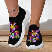 abordables Baskets femme-Femme Basket Slip-Ons Imprimer des chaussures Chaussures Flyknit Chaussures de confort Extérieur du quotidien Chat Talon Plat Mode Décontractées Tissage Volant Jaune Rose Bleu