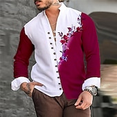 cheap Plants Pattern-Men&#039;s Floral Shirt Button Up Shirt Long Sleeve Casual Daily Wear Going out Weekend Spring &amp; Summer Standing Collar Print Button-Down Burgundy Blue Orange