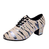 cheap Latin Shoes-Women&#039;s Glitter Dance Shoes with Animal Print, Lace-Up Design, and Comfortable Low Heels for Ballroom, Latin, or Party