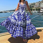 abordables Robes de vacances-robe décontractée pour femme imprimé plantes col carré robe longue robe maxi classique fête rendez-vous sans manches été printemps