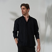 cheap Luxury Linen Shirts-100% Linen Men&#039;s Shirt Linen Shirt Button Up Shirt Black Navy Blue Long Sleeve Stripes Lapel Spring &amp;  Fall Outdoor Daily Clothing Apparel