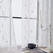 abordables Voilages-Rideau semi-transparent blanc brodé de feuilles, ensemble de rideaux à passe-tringle, panneau de fenêtre, drapé pour chambre de fille/chambre d&#039;enfant/crèche/salon 1 panneau