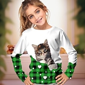 abordables Animaux 3D de Fille-Saint Patrick Fille 3D Plaid Chat Tee-shirts Chemise manche longue 3D effet Printemps Automne Actif Mode Le style mignon Polyester Enfants 3-12 ans Col Ras du Cou Extérieur Casual du quotidien