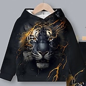 billige Guttens 3D Dyr-Gutt 3D Tiger Hettegenser og joggebuksesett Langermet 3D-utskrift Vår Høst Aktiv Mote Kul Barn 3-12 år Med hette utendørs Feriereise Gate Normal