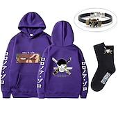 economico Magliette e felpe grafiche con cappuccio-set con roronoa zoro felpa oversize con cappuccio e bracciale in pu calzini 3 pezzi abiti one piece scimmia d. stampe grafiche anime rufy che stampano stile harajuku per uomo, donna, adulto, unisex,