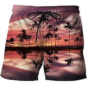 cheap Tropical Plants &amp; Flowers-Men&#039;s Coconut Tree Landscape Swim Shorts Board Shorts Swimming Trunks Mid Waist Hawaiian Casual Holiday Beach Drawstring with Mesh lining Elastic Waist Designer Clothing Apparel