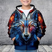 billiga Pojkens 3D-djur-Pojkar 3D Varg Huvtröja Kappa Ytterkläder Långärmad Höst Vinter Aktiv Streetwear Häftig Polyester Barn 3-12 år Blixtlås Gata Dagligen Normal