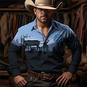 olcso férfi nyugati ingek-Férfi Tehén Ing Nyugati ing Cowboy ing Hosszú ujj Szüret Western stílus Szabadtéri Utca Alkalmi / Napi Ősz &amp; tél Térfogatcsökkenés Gombok Nyomtatott Kék khakizöld
