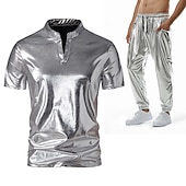 levne oblečení-sada s lesklým kovovým tričkem jogger kalhoty 2 ks outfity pánské disco 80. léta cvičení cosplay kostým maškarní karneval párty klub