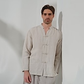 baratos camisas de linho de luxo-100% Linho Bolsos Homens Camisa Social camisa de linho Preto Branco Azul Escuro Manga Longa Tecido Colarinho Clerical Primavera &amp; Outono Ao ar livre Diário Roupa