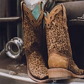 levne Cowboy &amp; Western Boots-dámské kovbojské boty s leopardím vzorem - kožené boty západního stylu po kolena s tyrkysovou podšívkou