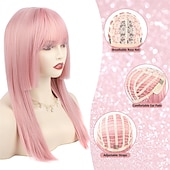 baratos Perucas Sintéticas sem Touca-peruca longa reta rosa com franja para mulheres peruca de 22 polegadas para ryomen sukuna cosplay com tatuagens no rosto peruca de fibra sintética resistente ao calor com touca de peruca hd semelhante