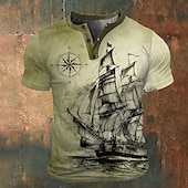 Men's Graphic Ship T shirt Henley Shirt Short Sleeve 3D Print Fashion Retro Vintage Classic Sports Outdoor Holiday Going out Spring & Summer Blue Brown Army Green Gray Henley Henley T-Shirt 8
