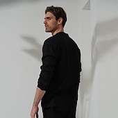 abordables Chemises en lin de luxe-100% Lin Poche Homme Chemise Chemise Lin Chemise boutonnée Noir bleu marine manche longue Plein Revers Printemps &amp; Automne Extérieur Vacances Vêtement Tenue