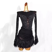 cheap Latin Dancewear-Dance Salsa Latin Dance Dress Tassel Pure Color Splicing Women&#039;s Performance Training Long Sleeve Mesh Stretch Yarn