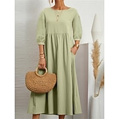 Недорогие Основные искусственные платья-Жен. Платье средней длины Искусственный хлопок и лен Платье прямого кроя Свободное платье Однотонный Классический На каждый день Отпуск Подарок Праздники Свободное облегание Рукав 3/4 Вырез под горло