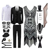 olcso Öltözetek-ordító 20-as évek jelmezei pároknak gengszter úriember flapper lányok párok jelmez öltöny blézer flapper ruha 1920-as évek díszes ruha a nagy gatsby-felszerelés karnevál maskara esti koktélparti