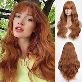 voordelige Synthetische trendy pruiken-zwarte pruik met pony voor vrouwen lang golvend haar pruik zwarte pruik krullend golvend synthetische pruiken voor meisjes dagelijks feestgebruik