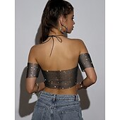 cheap Sexy Costumes-Metallic Sparkle Sexy Crop Tank Top Sheer Mesh Rhinestone Cover Up Disco Solid Color Deep V Women&#039;s Carnival Party Club Adults&#039; Tank Top