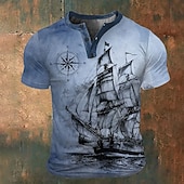 Men's Graphic Ship T shirt Henley Shirt Short Sleeve 3D Print Fashion Retro Vintage Classic Sports Outdoor Holiday Going out Spring & Summer Blue Brown Army Green Gray Henley Henley T-Shirt 6
