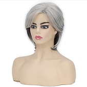 voordelige oudere pruik-korte grijze pruiken voor blanke vrouwen gelaagde gemengde grijze pixie-cut pruiken korte golvende zilveren pruiken natuurlijk synthetisch haar pruiken voor oudere vrouwen