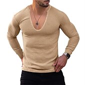 cheap Basic T shirts-Men&#039;s T Shirt Knit Tee Tee Top Long Sleeve Shirt Long Sleeve V Neck Spring &amp;  Fall Plain Pit Strip Fashion Designer Basic Vacation Street Going out Wine Black Blue Top Tee for Men